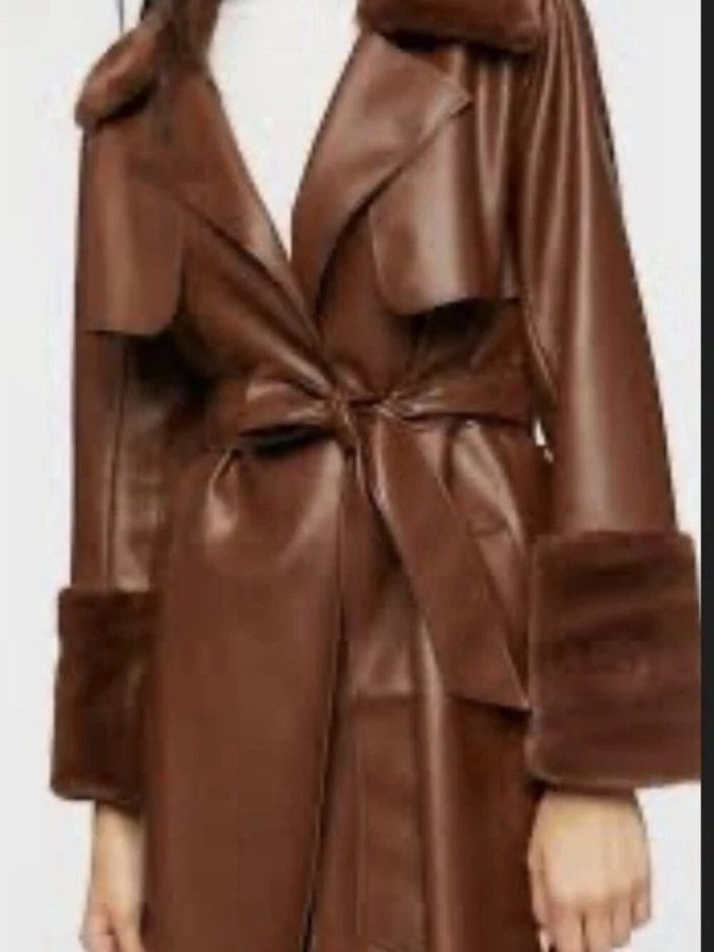 Forever 21 Brown Vegan Leather Faux Fur Trim Trench Coat - Size M